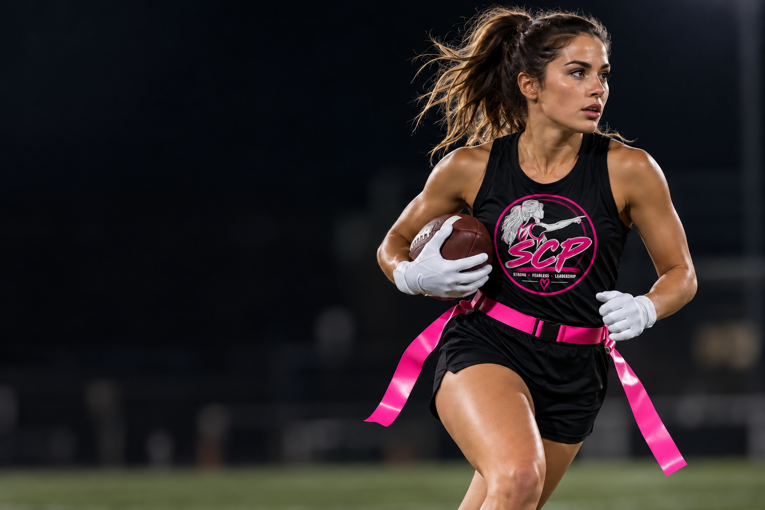 Player wearing the She Calls the Play logo shirt